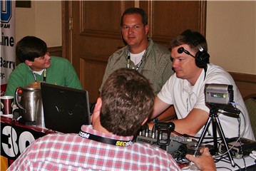 Brett and Gary Buchanan with Michael Butler and Graham Dunn on Radio Row at Media Days